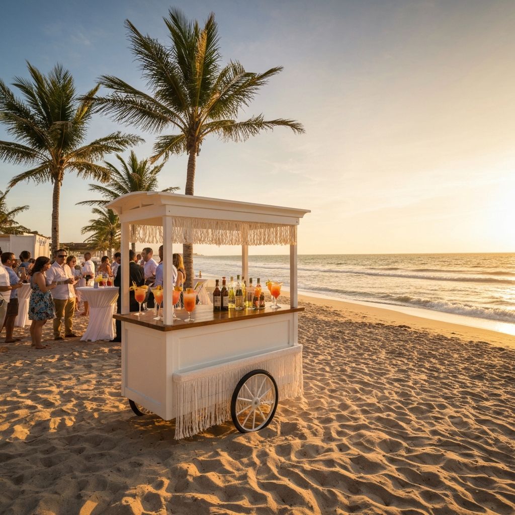 Elegant beach party setup with SOL & SOCIAL mobile bar cart on Oceanside beach at sunset with ocean views